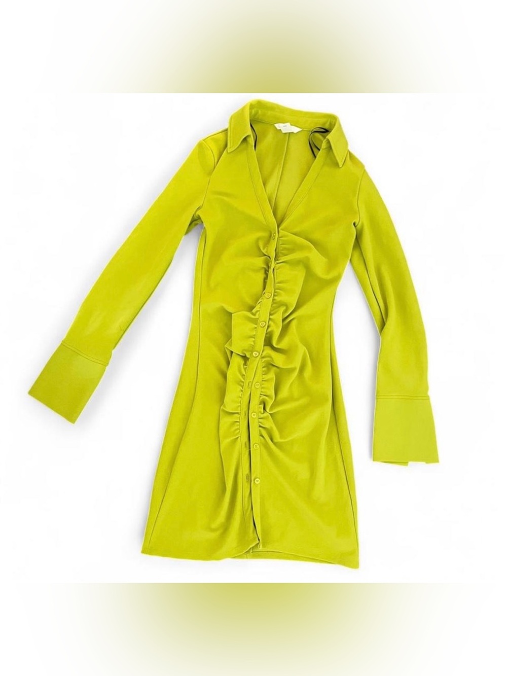 H&M Neon Yellow green long sleeve with button down dress with ruching in Size XS